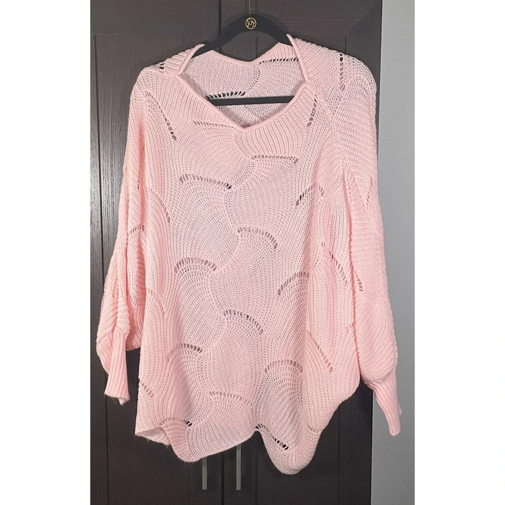 Womens Light Pink Batwing Open Knit V-Neck Scalloped Hem Pointelle Sweater